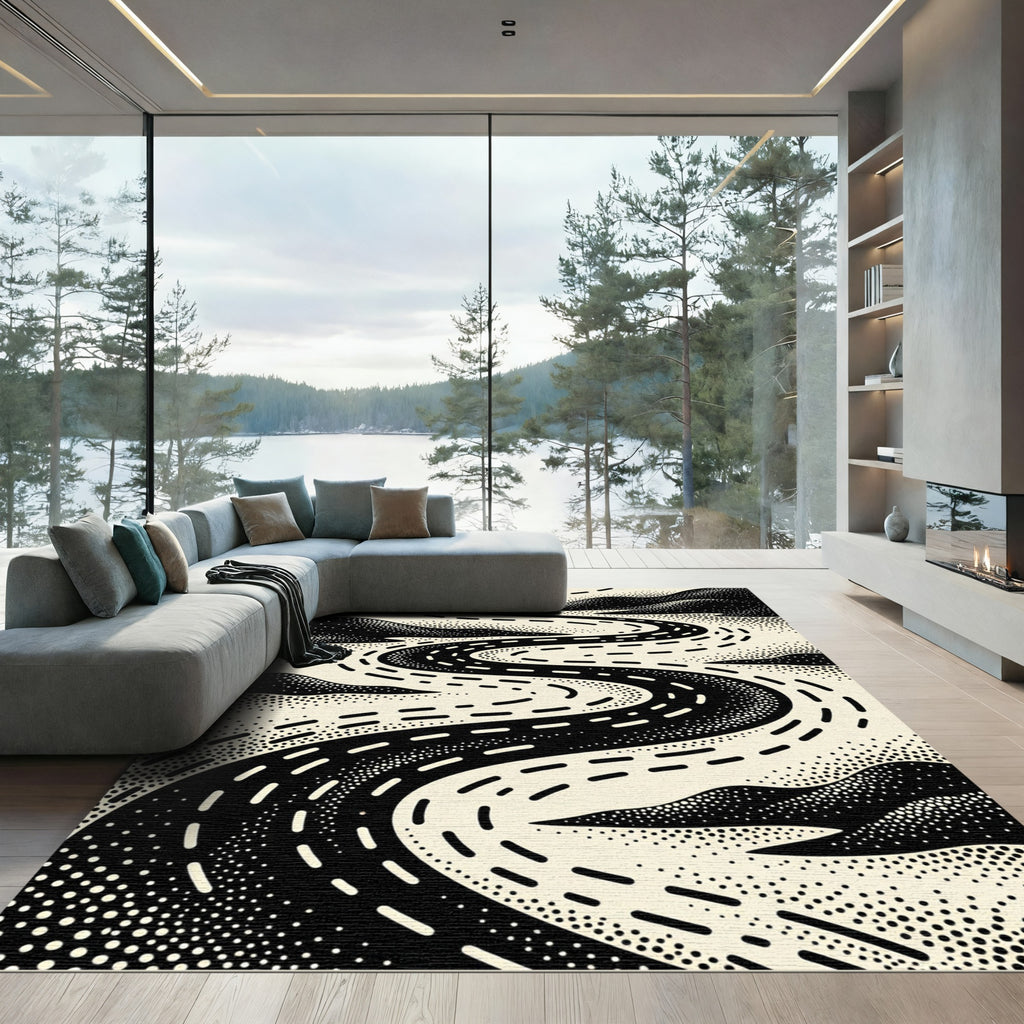 Winding Road Black Cream Abstract Rug