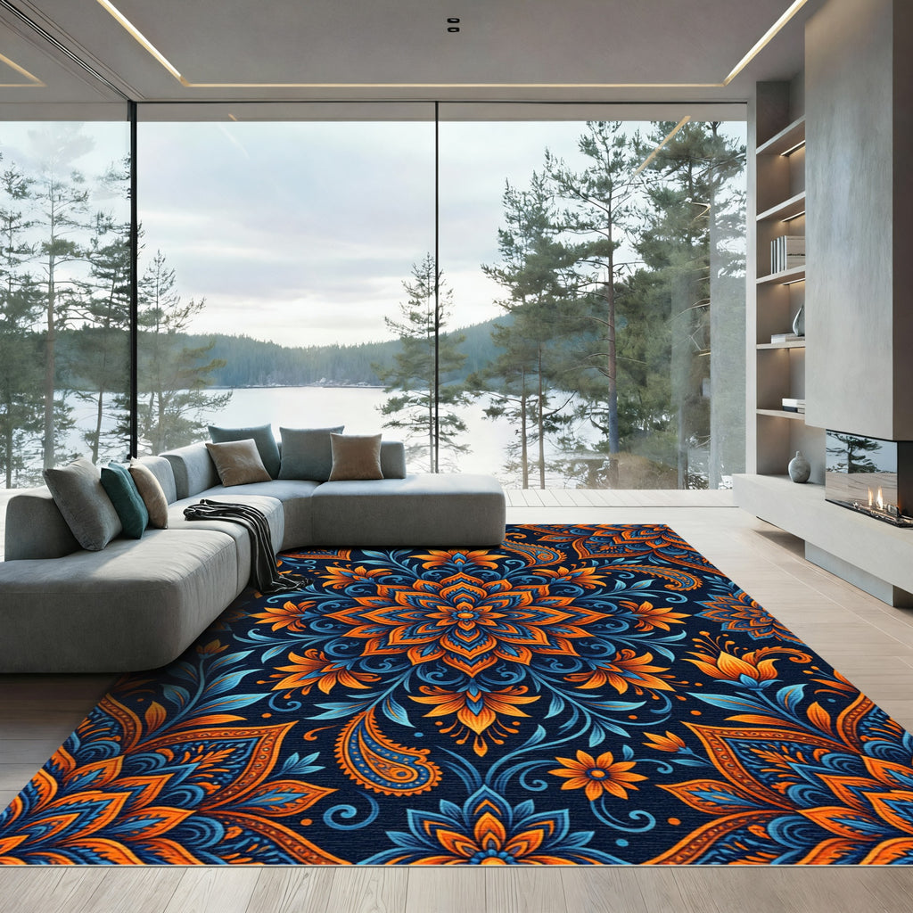 Vibrant Orange Blue Floral Paisley Rug