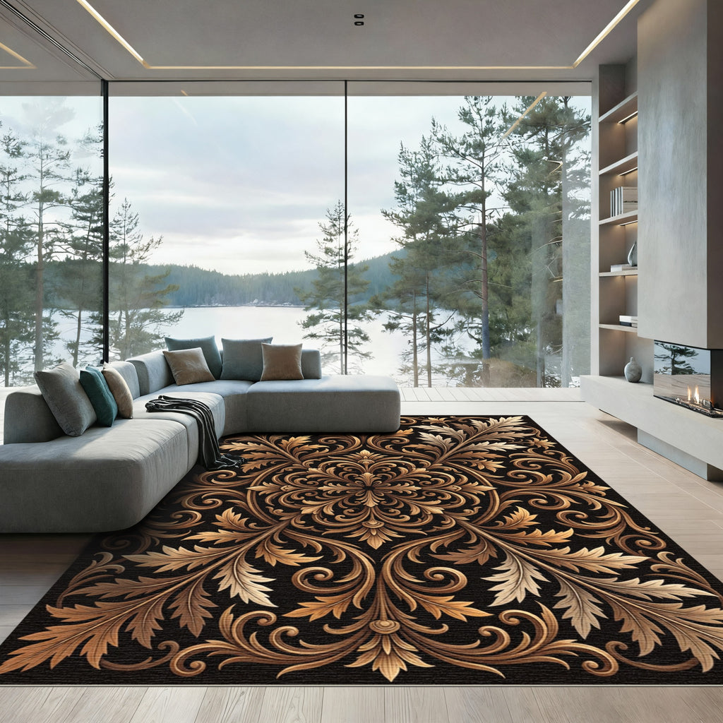 Ornate Gold Acanthus Leaf Scrollwork Rug