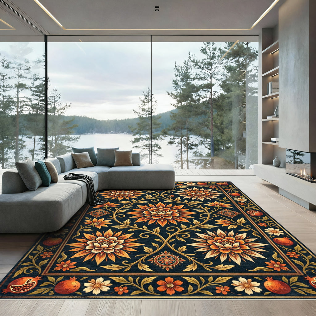 Midnight Amber Floral Pomegranate Medallion Rug