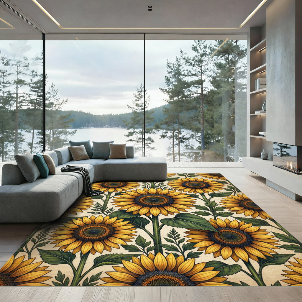 Sunny Golden Sunflower Botanical Illustration Rug
