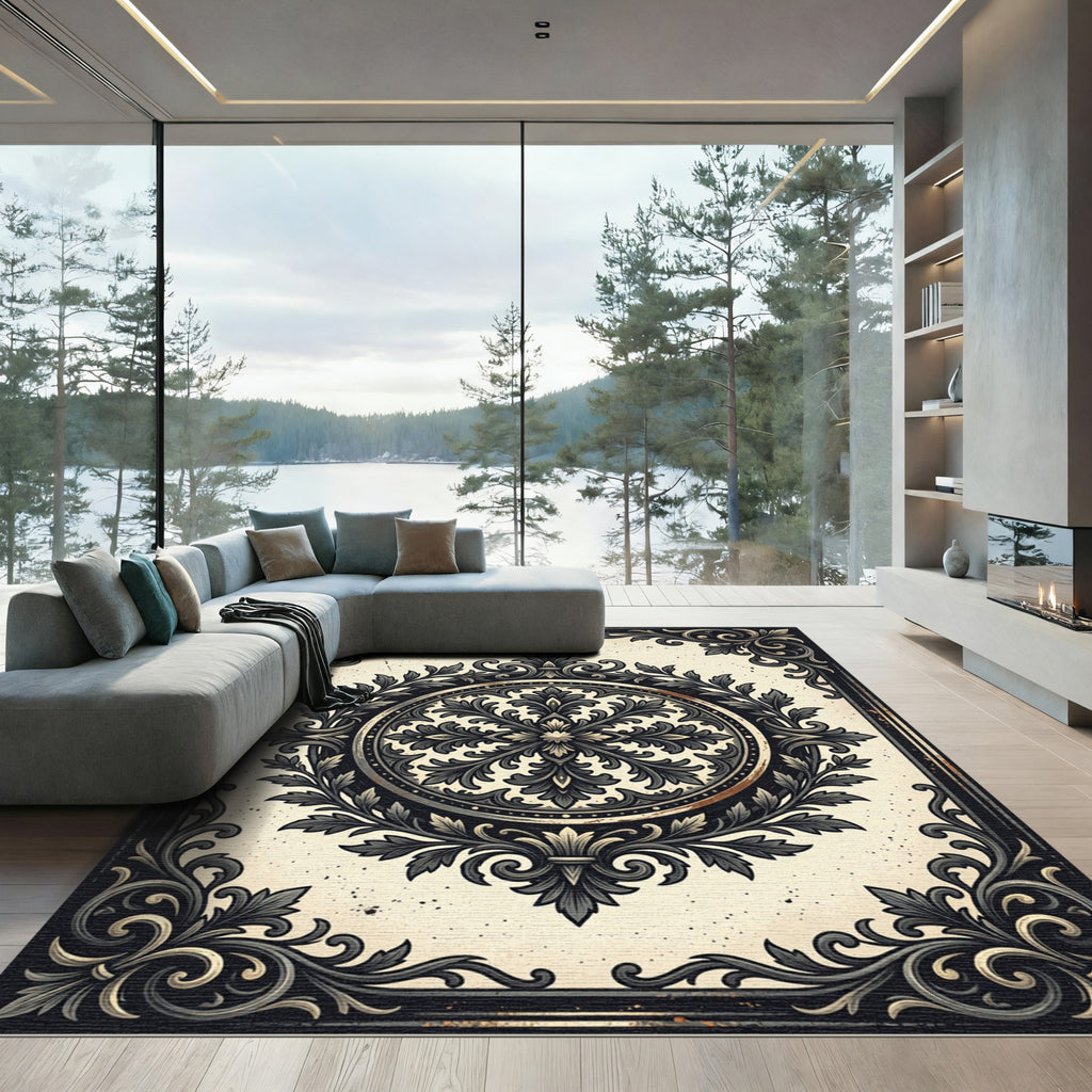 Classic Black Ivory Ornate Damask Medallion Rug