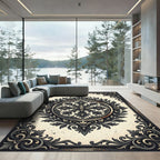 Classic Black Ivory Ornate Damask Medallion Rug