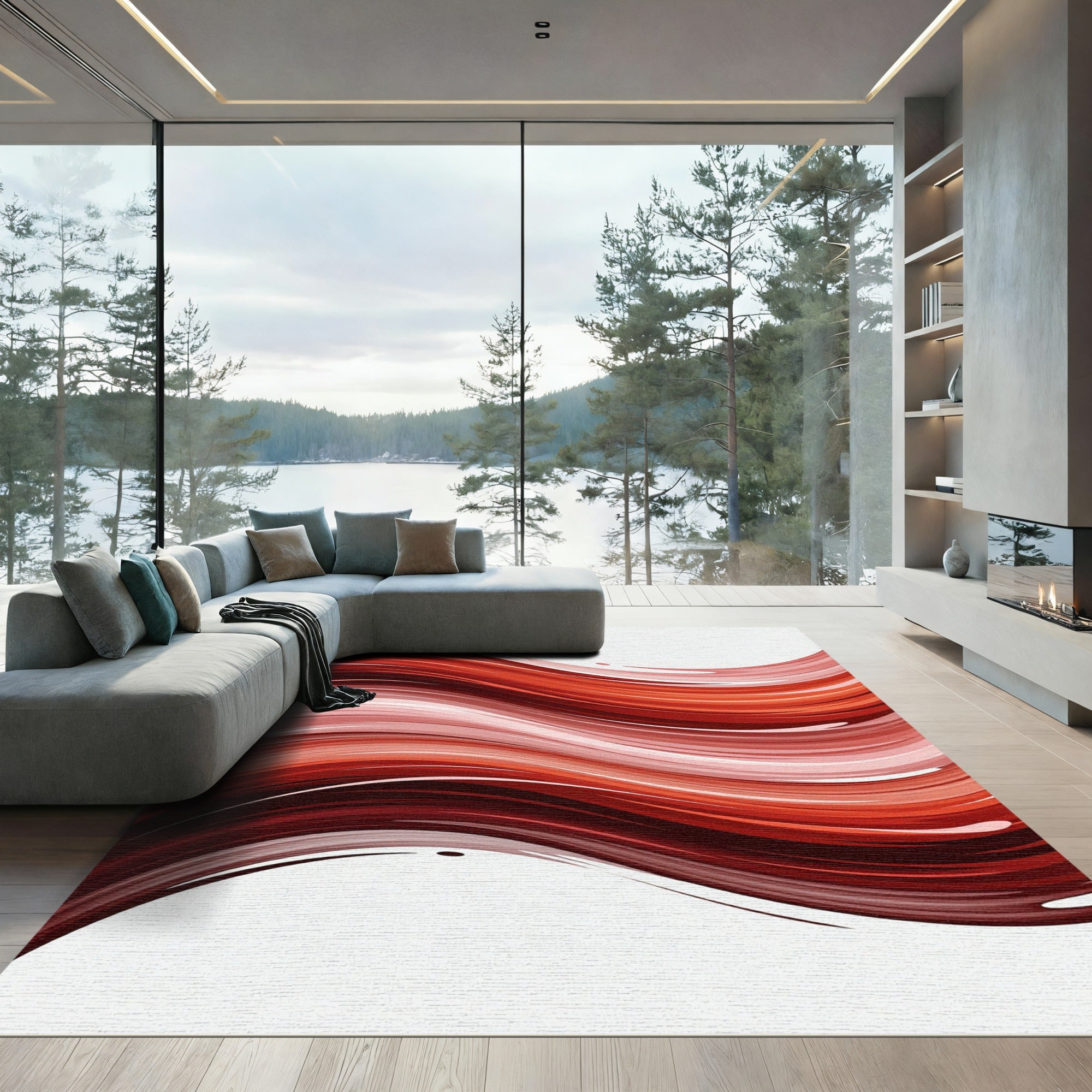 Crimson Wave Flow Abstract Rug
