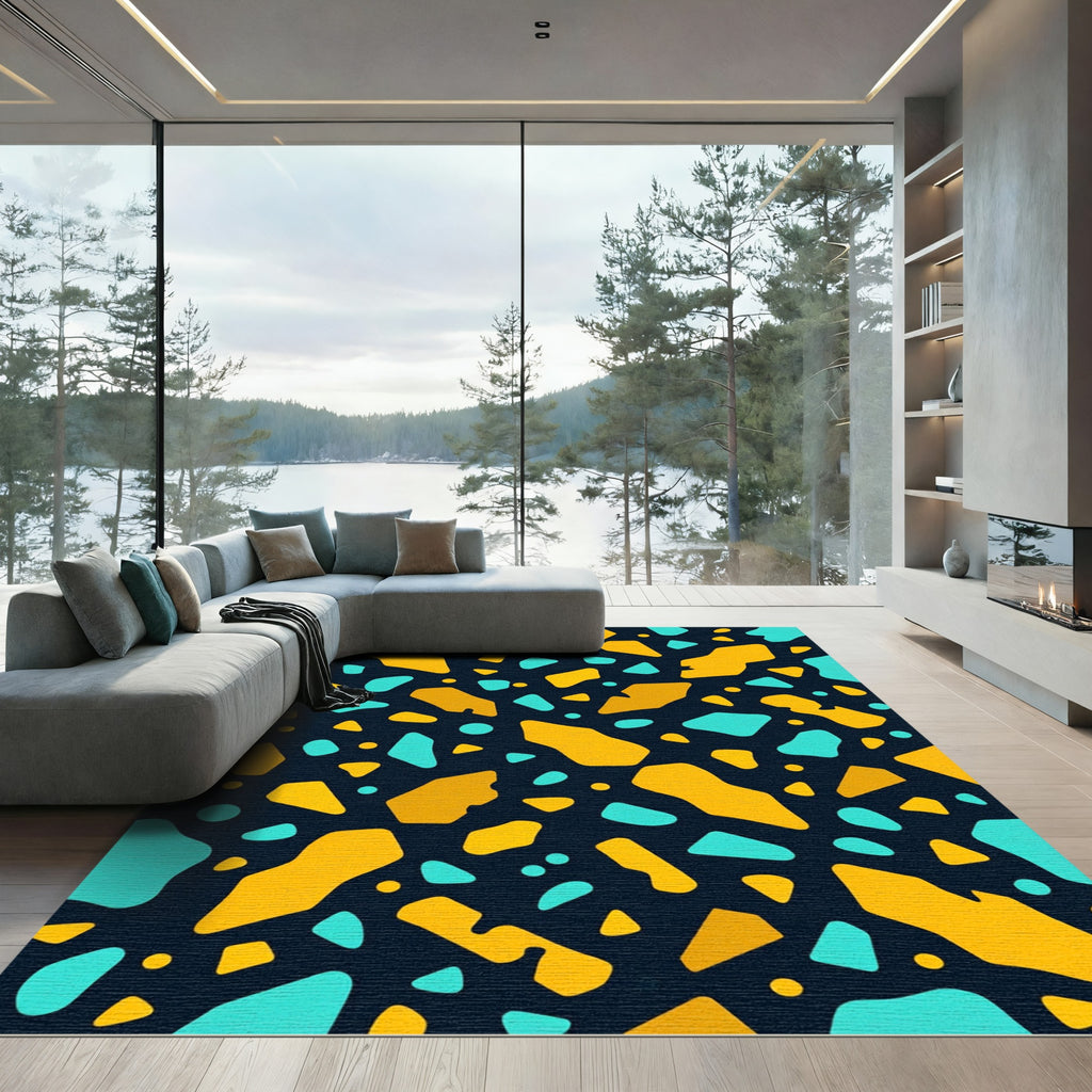 Abstract Teal and Golden Terrazzo Rug