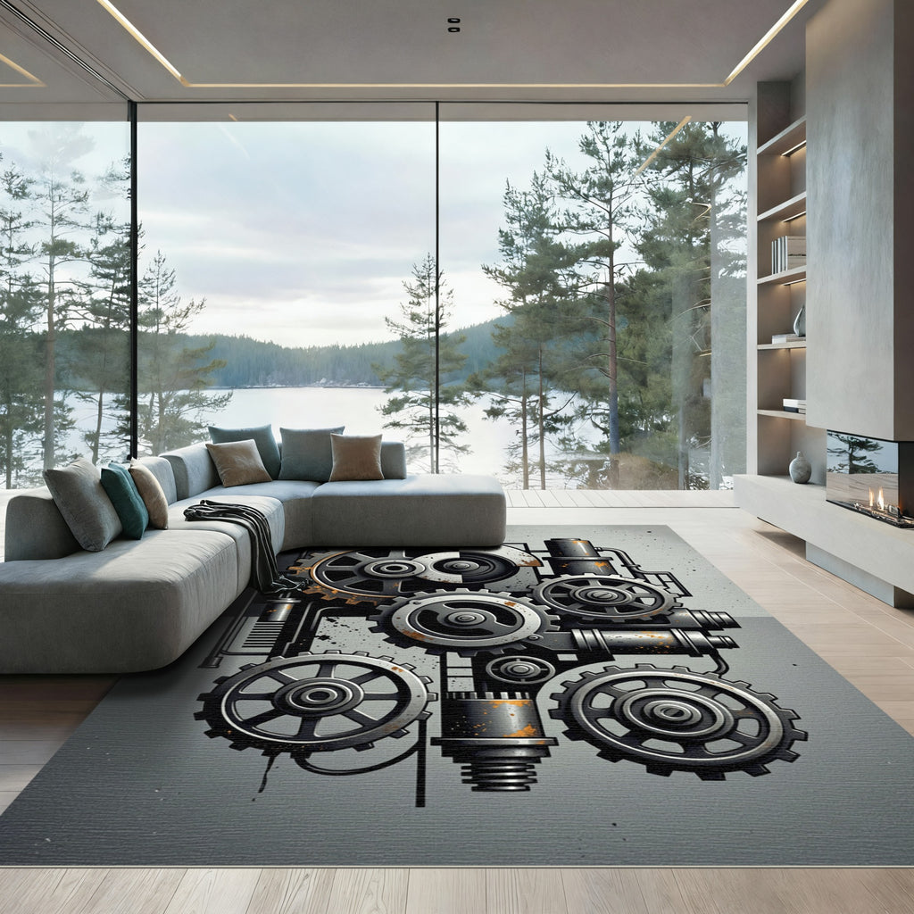 Industrial Monochrome Mechanical Gear Composition Rug