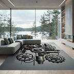 Industrial Monochrome Mechanical Gear Composition Rug