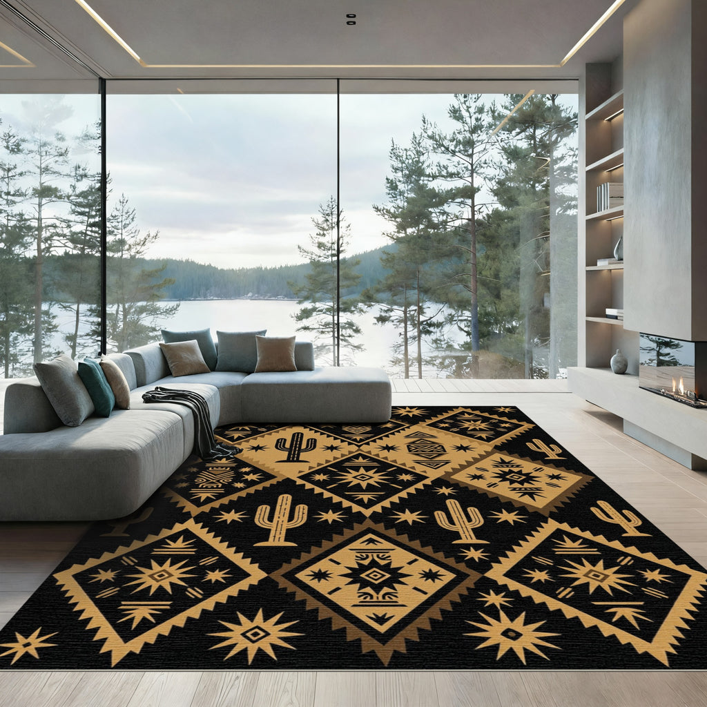 Black and Gold Southwestern Cactus Diamond Rug
