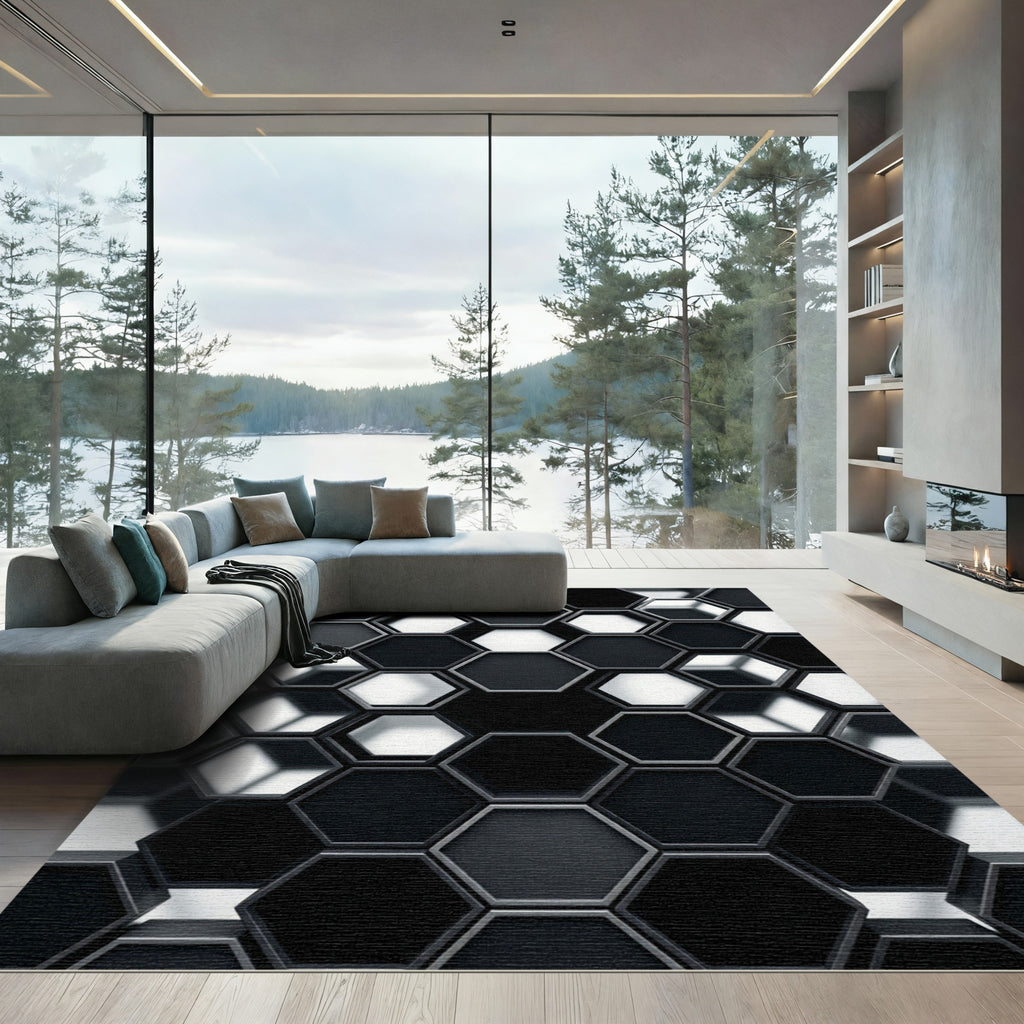 Black White Hexagon Interlocking Art Rug