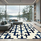 Navy Blue Geometric Cross Grid Rug