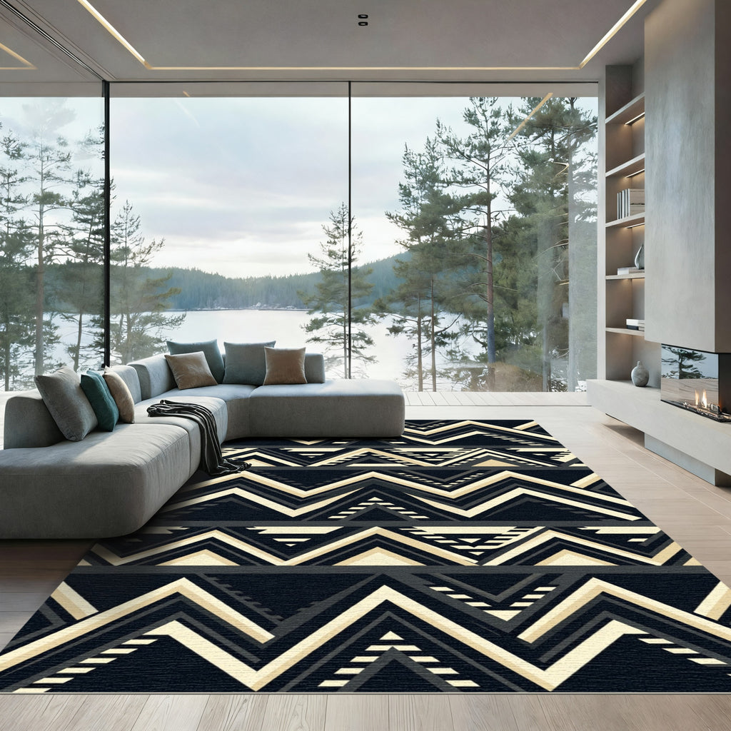 Bold Black Beige Geometric Chevron Rug