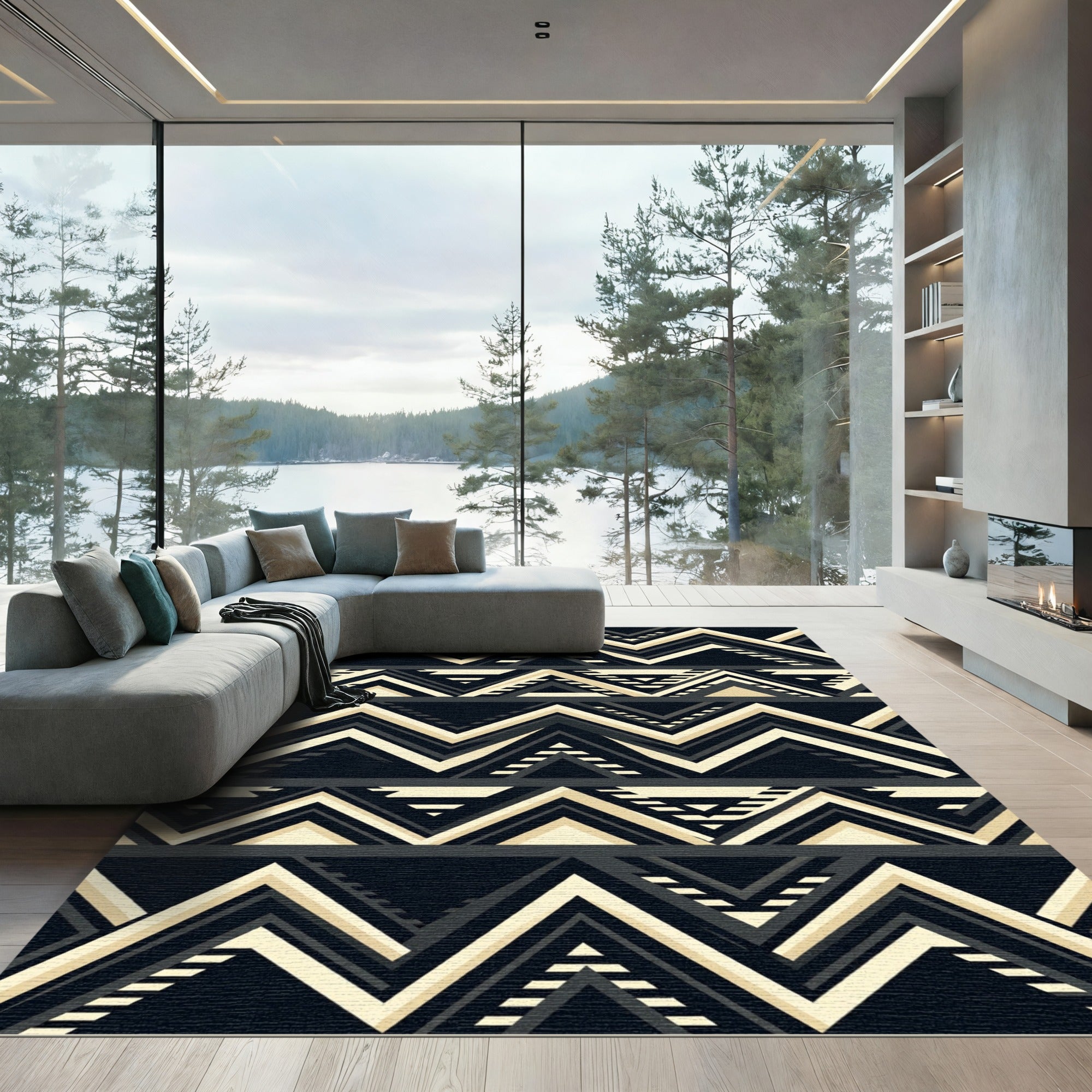 Bold Black Beige Geometric Chevron Rug