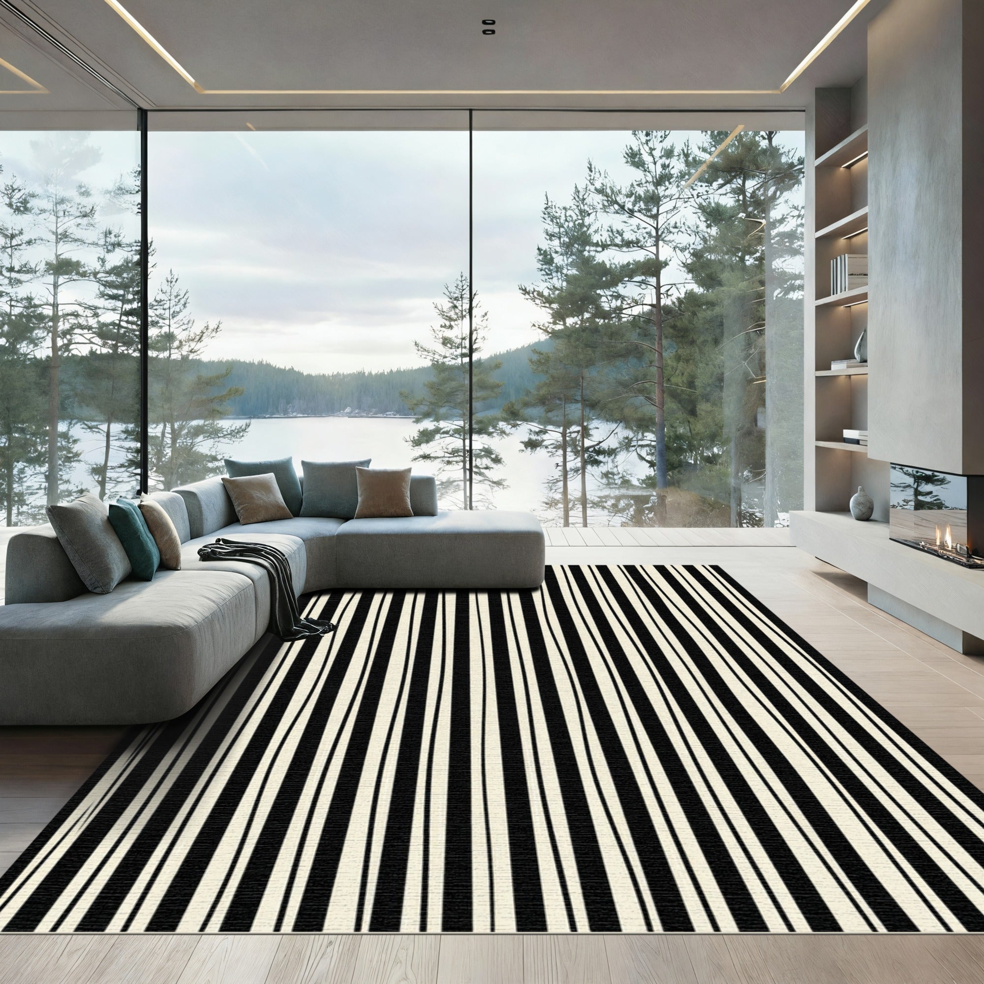 Cream Black Vertical Wavy Stripes Rug