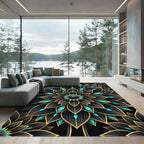 Black Gold Teal Floral Mandala Rug