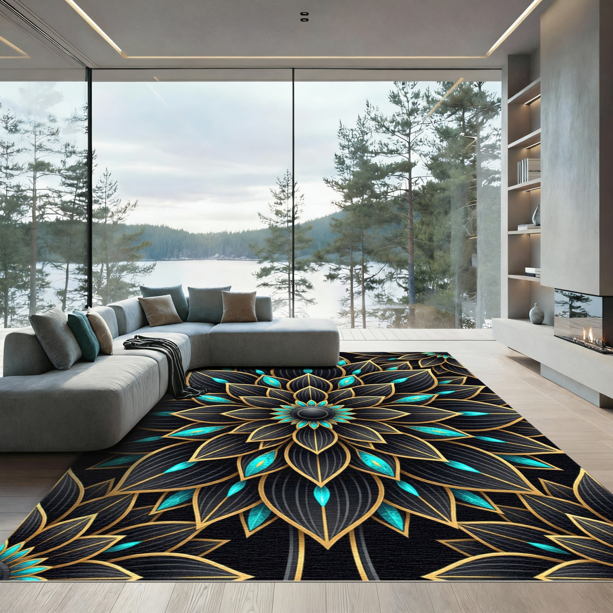 Black Gold Teal Floral Mandala Rug