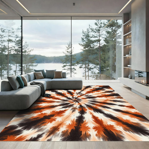 Abstract Rust and Charcoal Sunburst Swirl Rug
