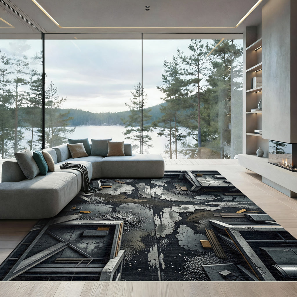Industrial Cracked Concrete Grunge Flooring Rug