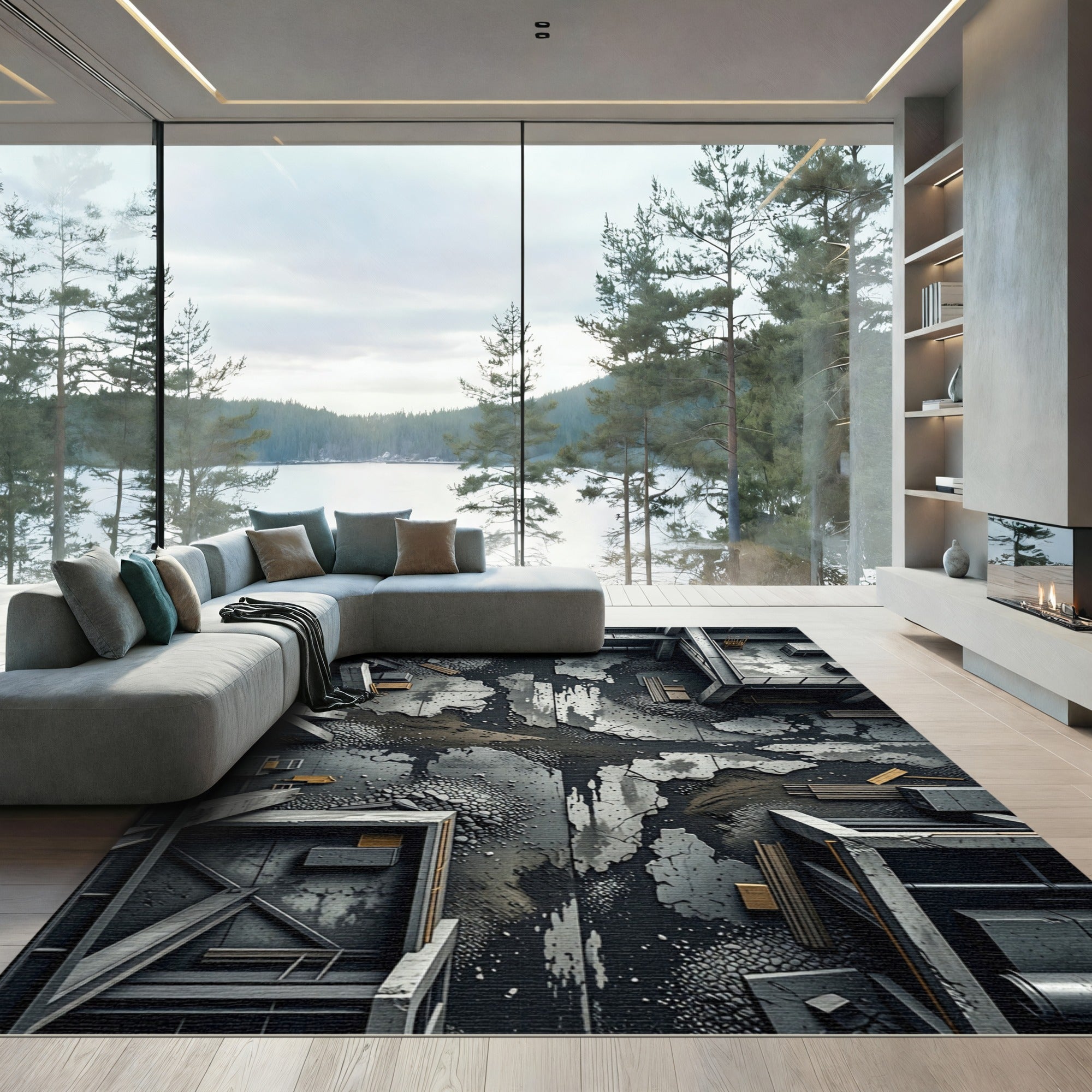 Industrial Cracked Concrete Grunge Flooring Rug