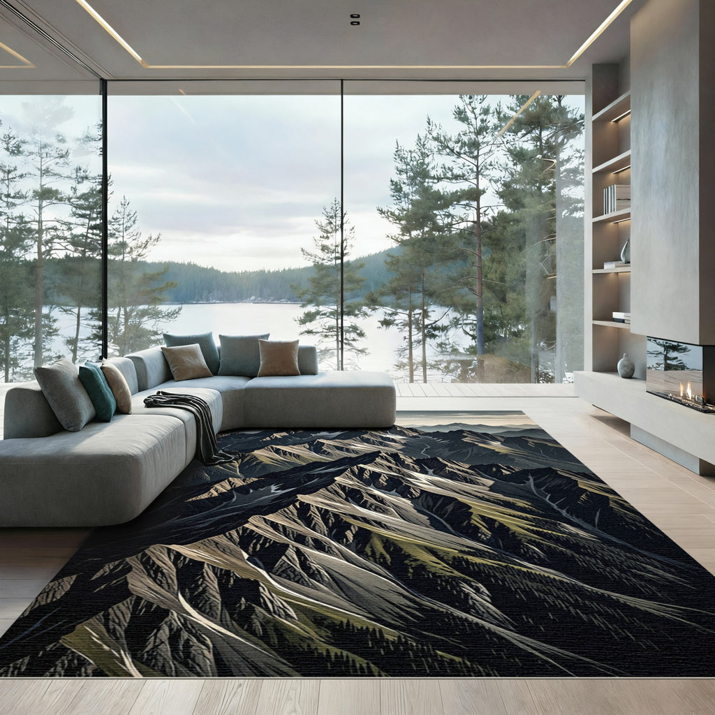 Jagged Mountain Peaks Over Gray Landscape Rug