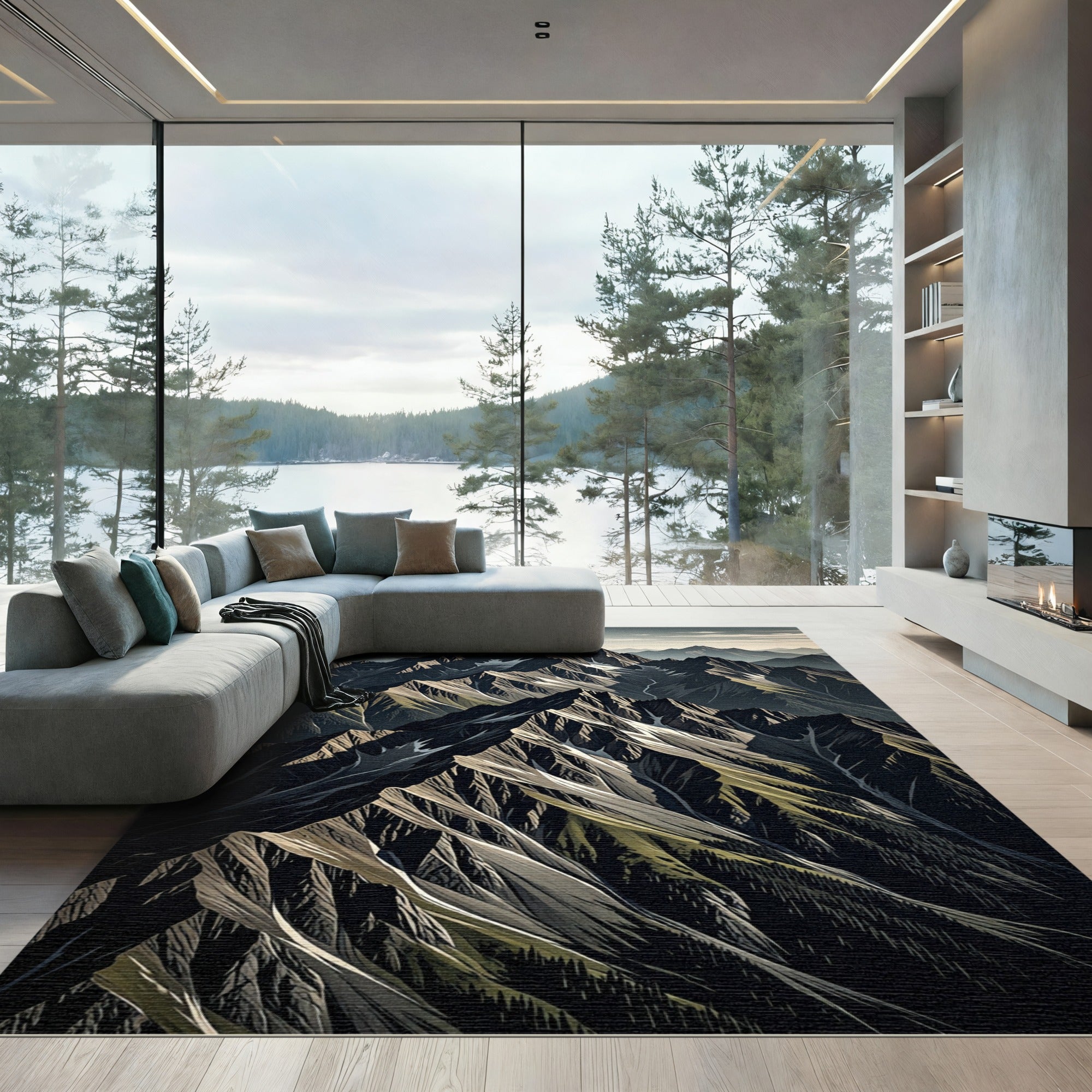 Jagged Mountain Peaks Over Gray Landscape Rug