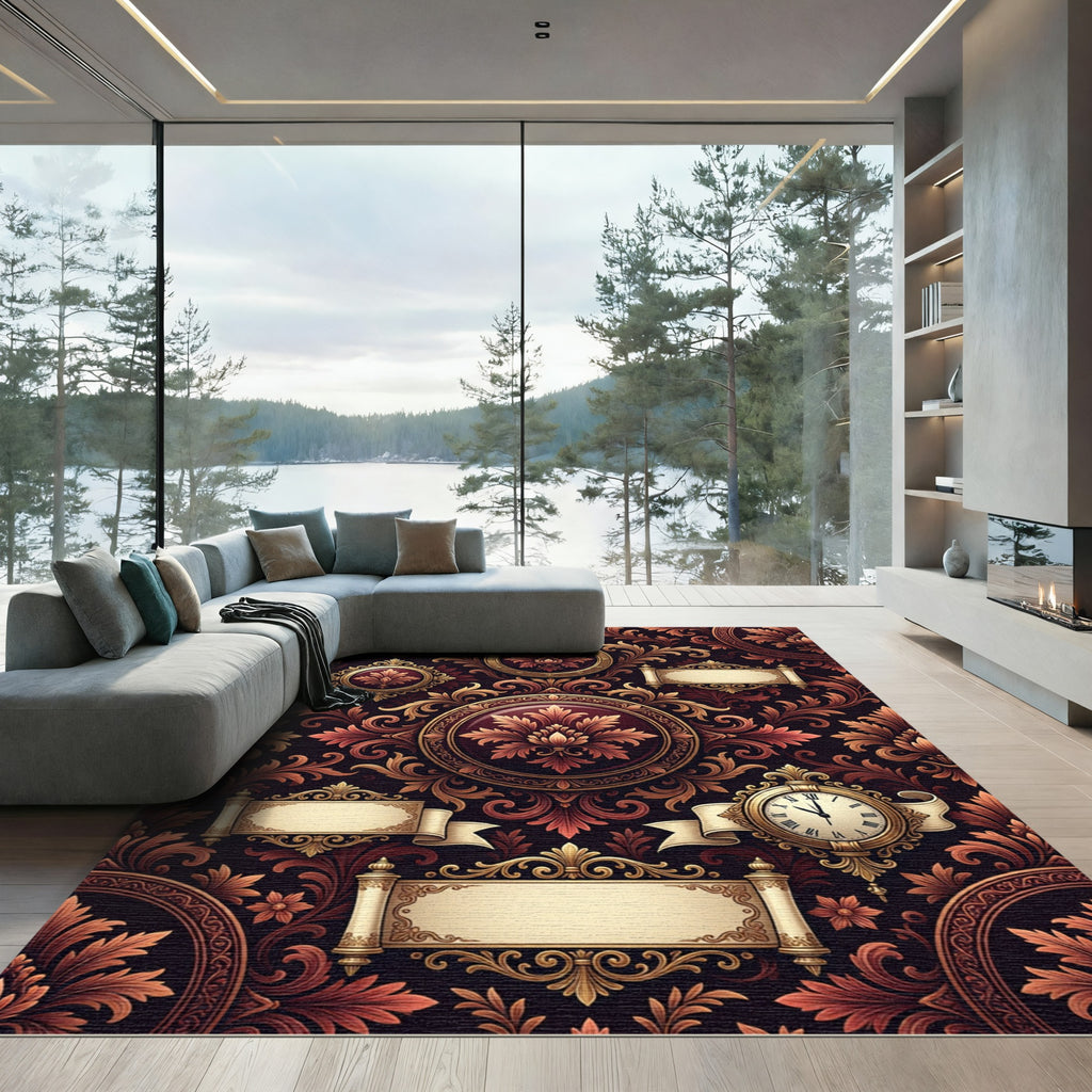 Regal Red Floral Gilded Scrollwork Rug