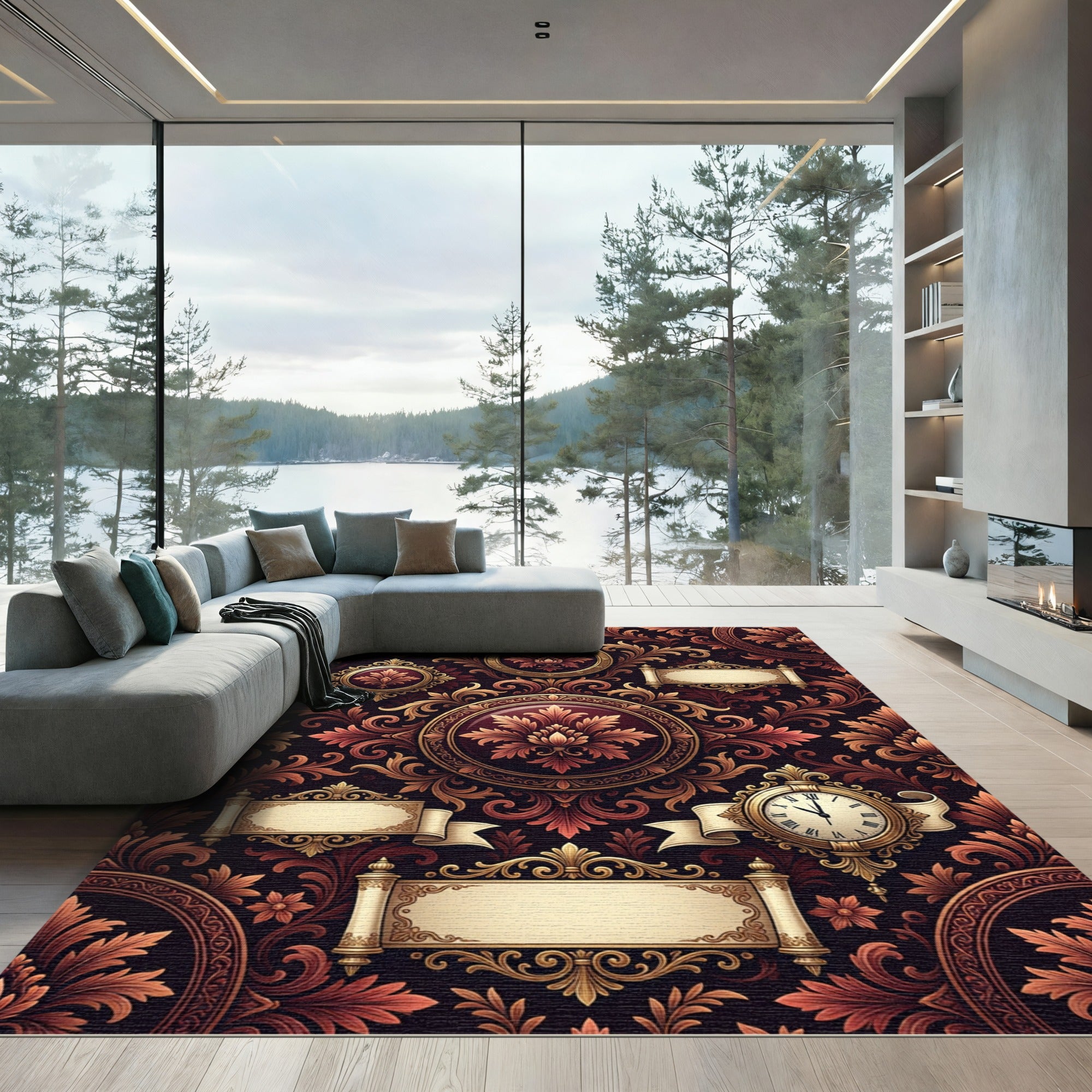 Regal Red Floral Gilded Scrollwork Rug
