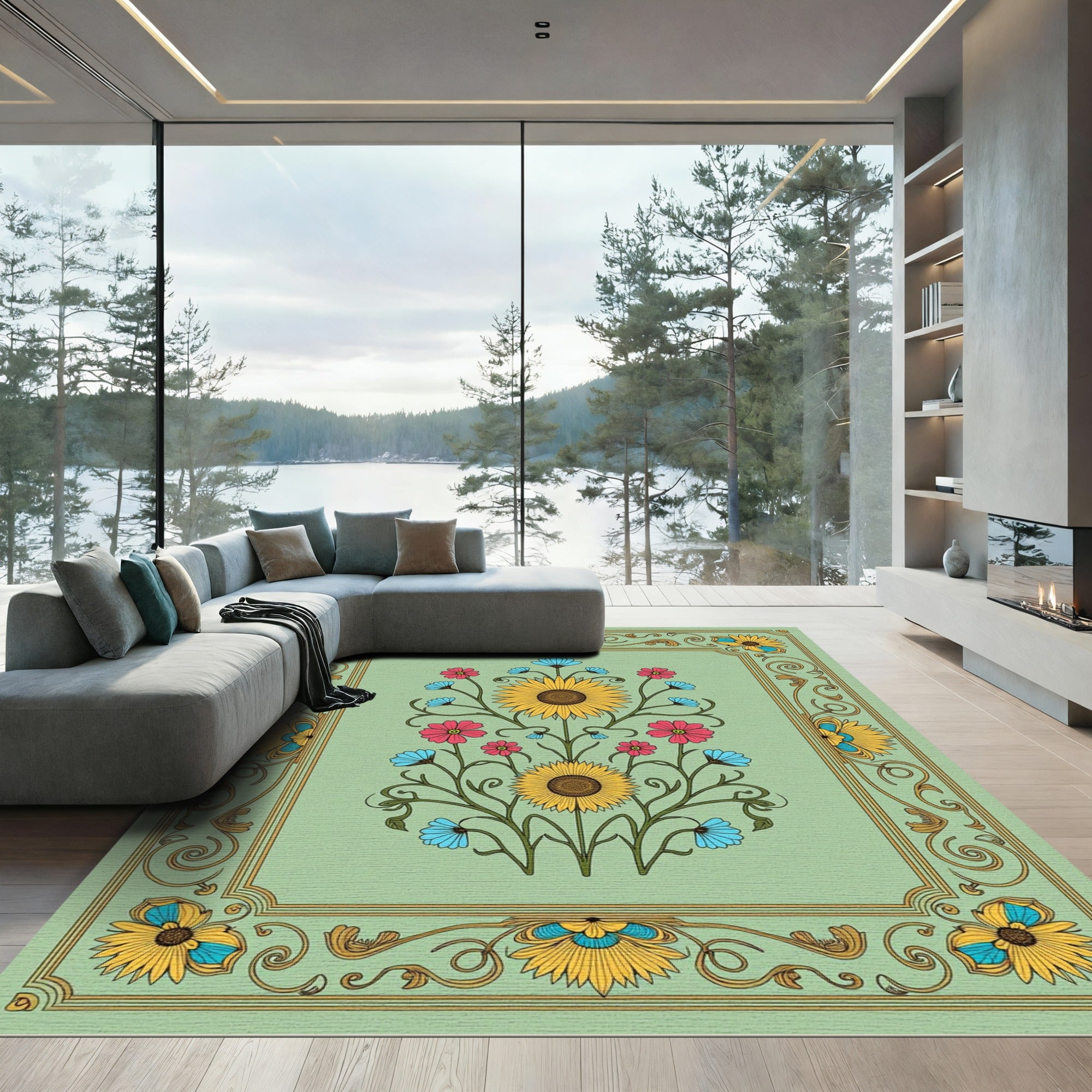 Golden Sunflower Floral Border Rug