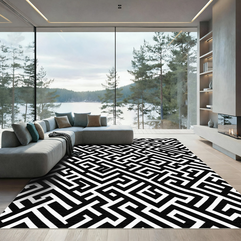 Geometric Black White Maze Pattern Rug