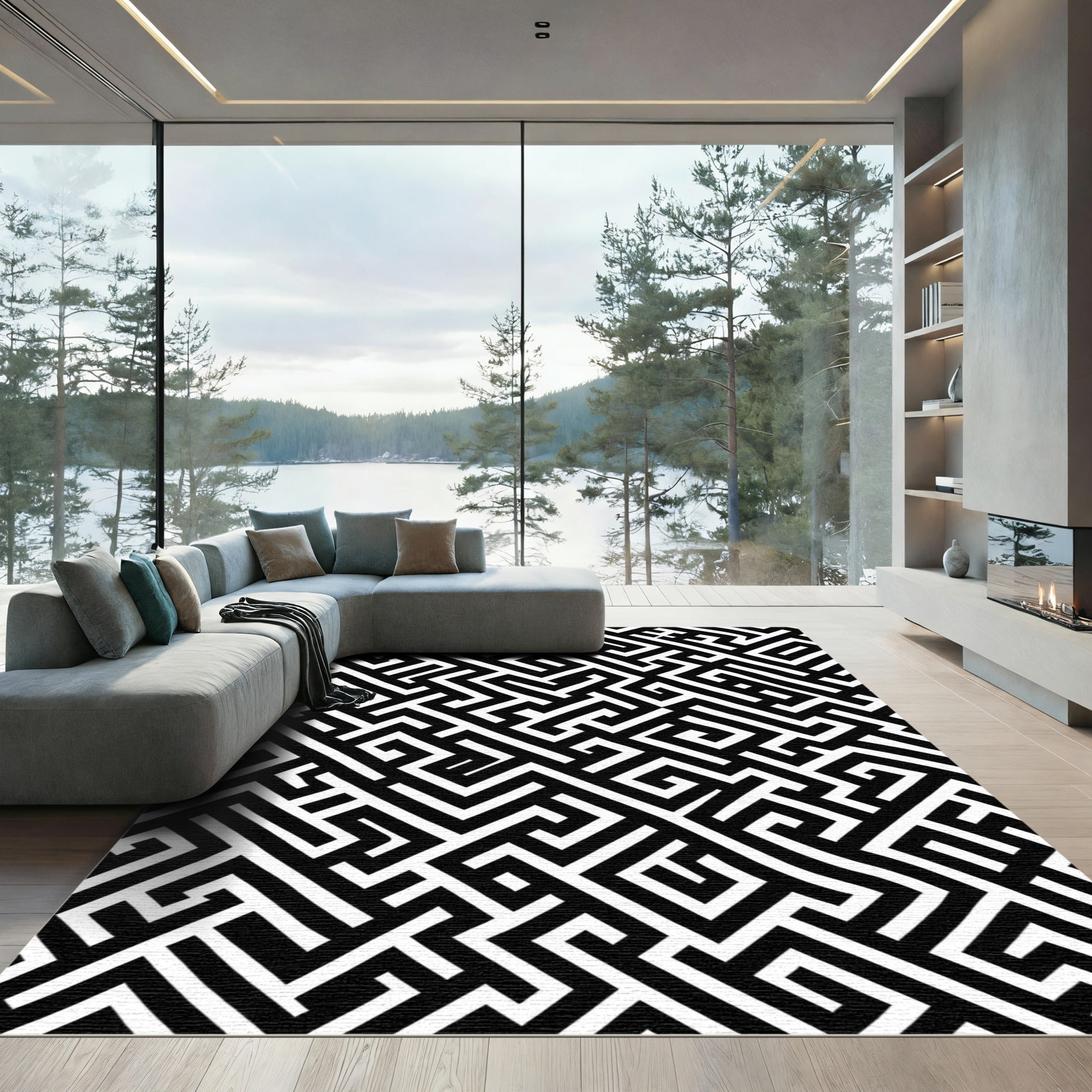 Geometric Black White Maze Pattern Rug