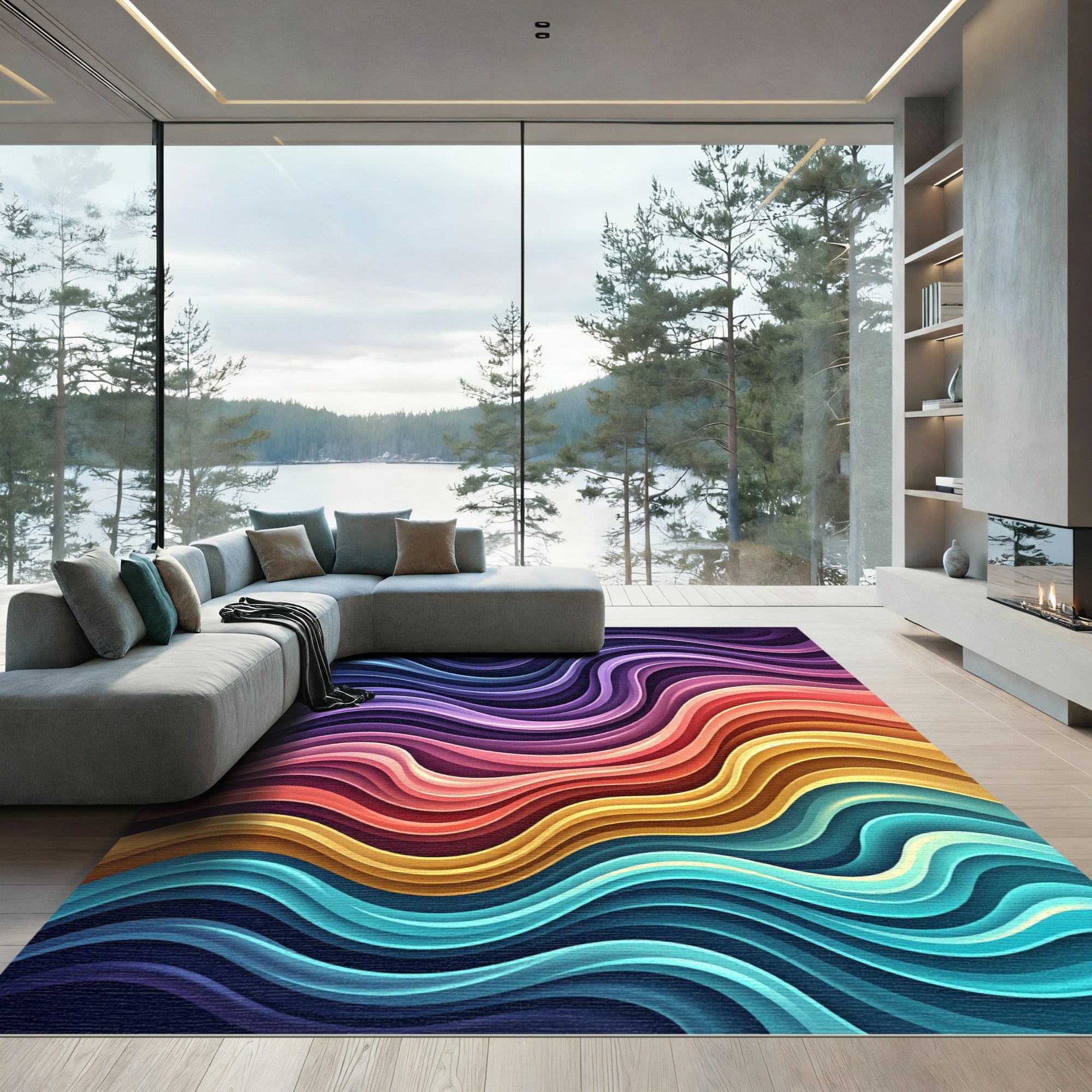 Vibrant Multicolored Flowing Abstract Wave Rug