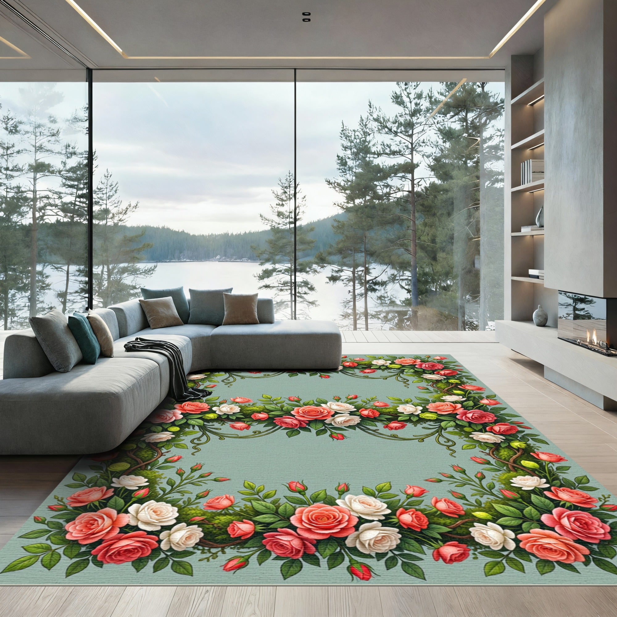 Coral Pink Floral Vine Swag Rug