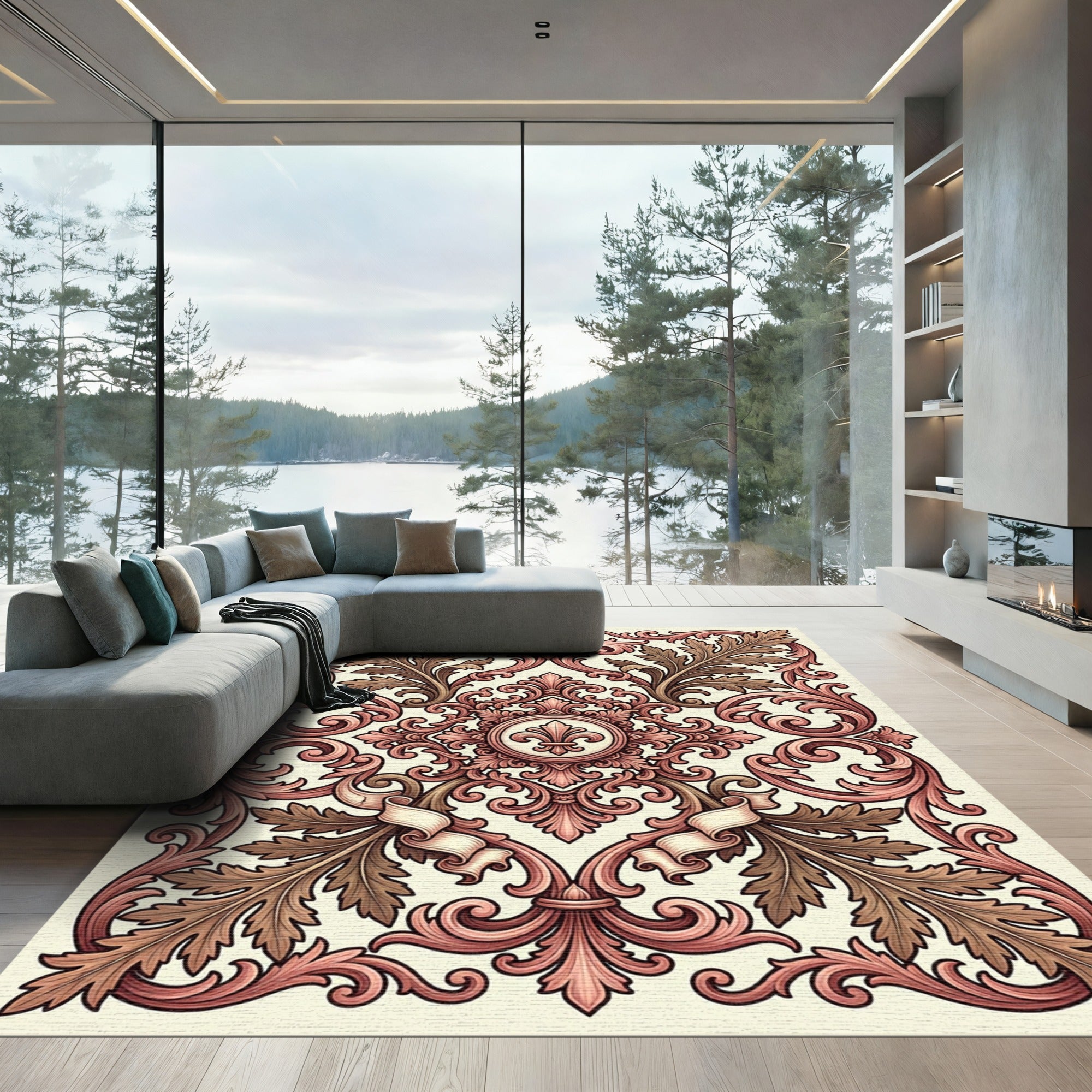 Ornate Rose Gold Laurel Border Rug