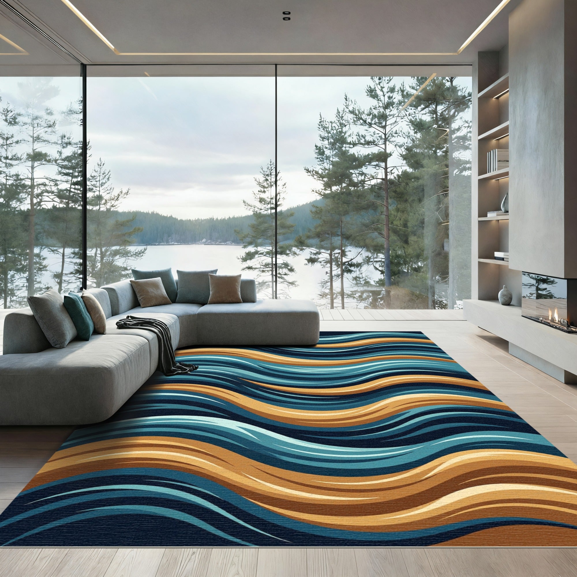 Deep Ocean Golden Wave Lines Rug