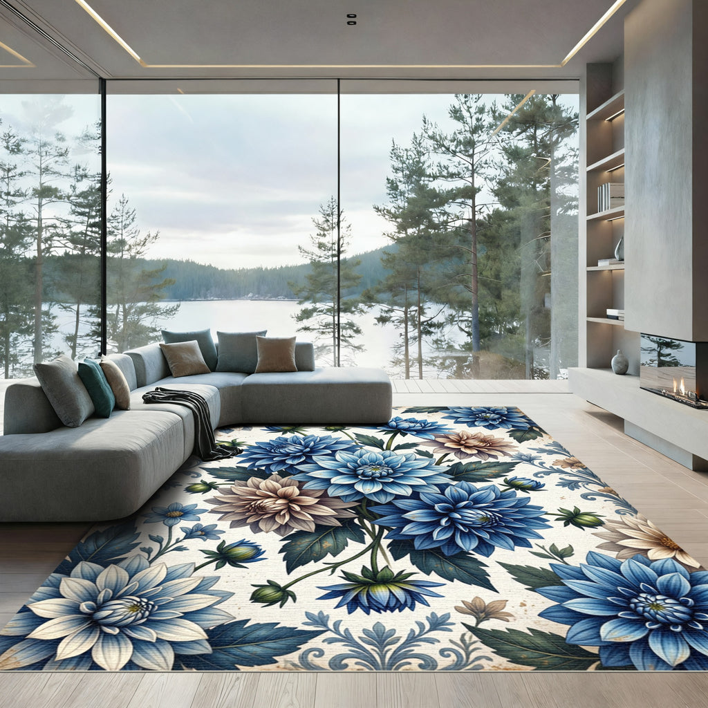 Blue White Dahlia Floral Bouquet Rug