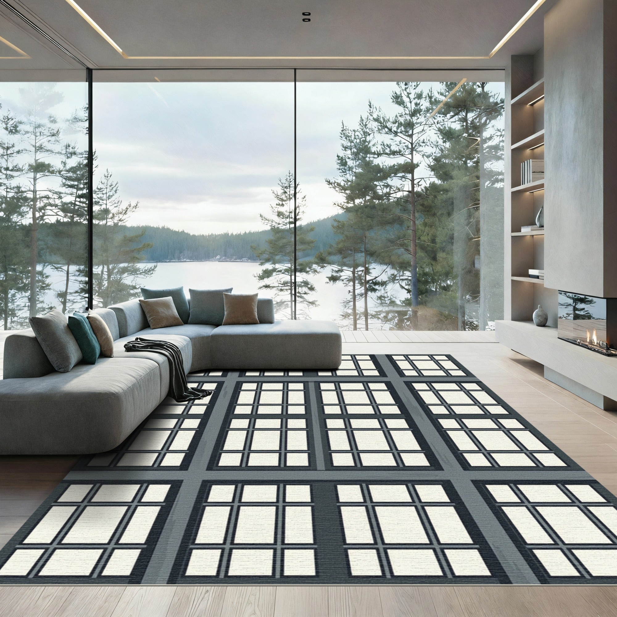 Dark Gray Architectural Window Grid Rug
