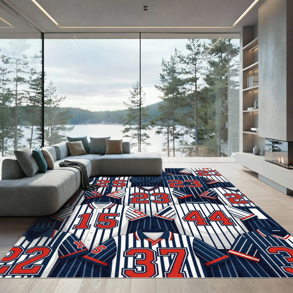 Navy White Red Jersey Number Collage Rug