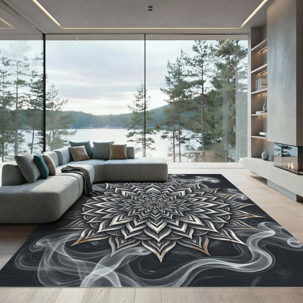 Smoky Charcoal Silver Mandala Medallion Rug