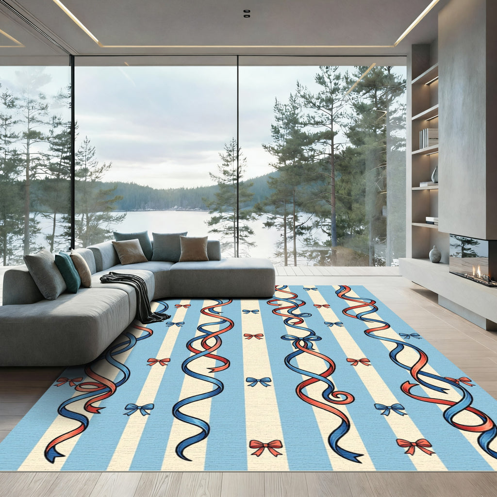 Whimsical Blue and Coral Ribbon Garland Rug