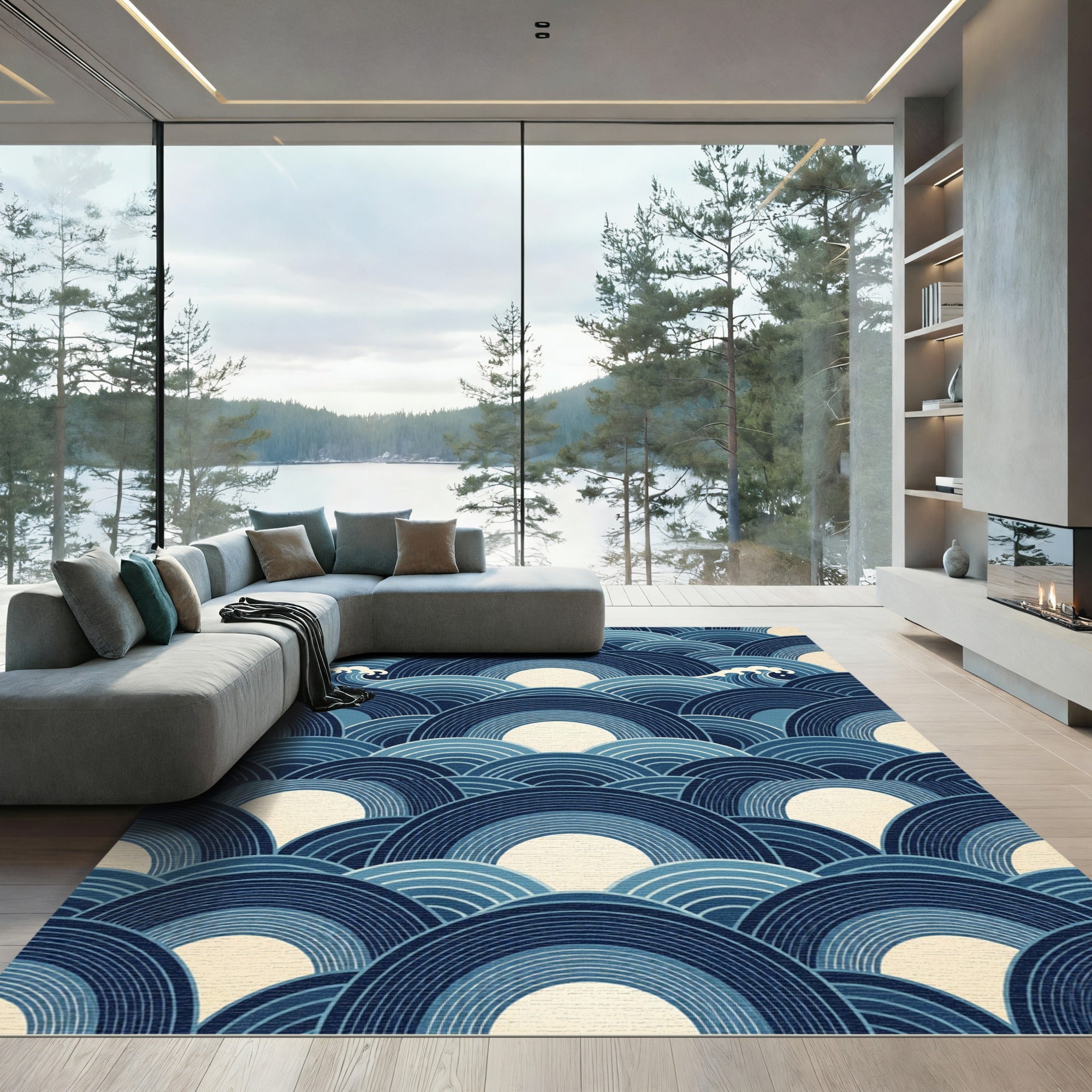 Japanese Indigo Waves Graphic Art Rug