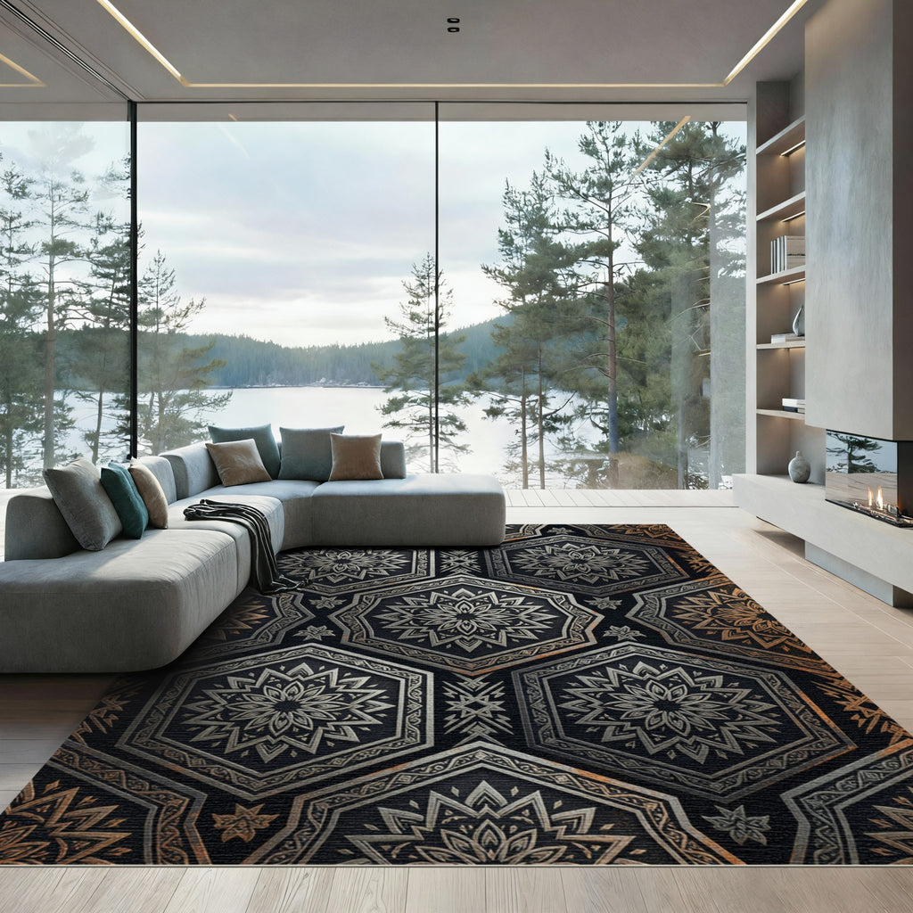 Metallic Hexagon Floral Art Deco Wallpaper Rug