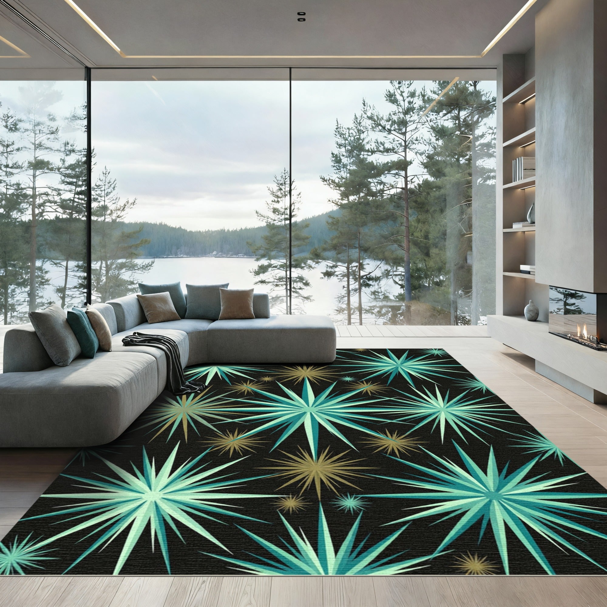 Mid Century Teal Gold Starburst Rug