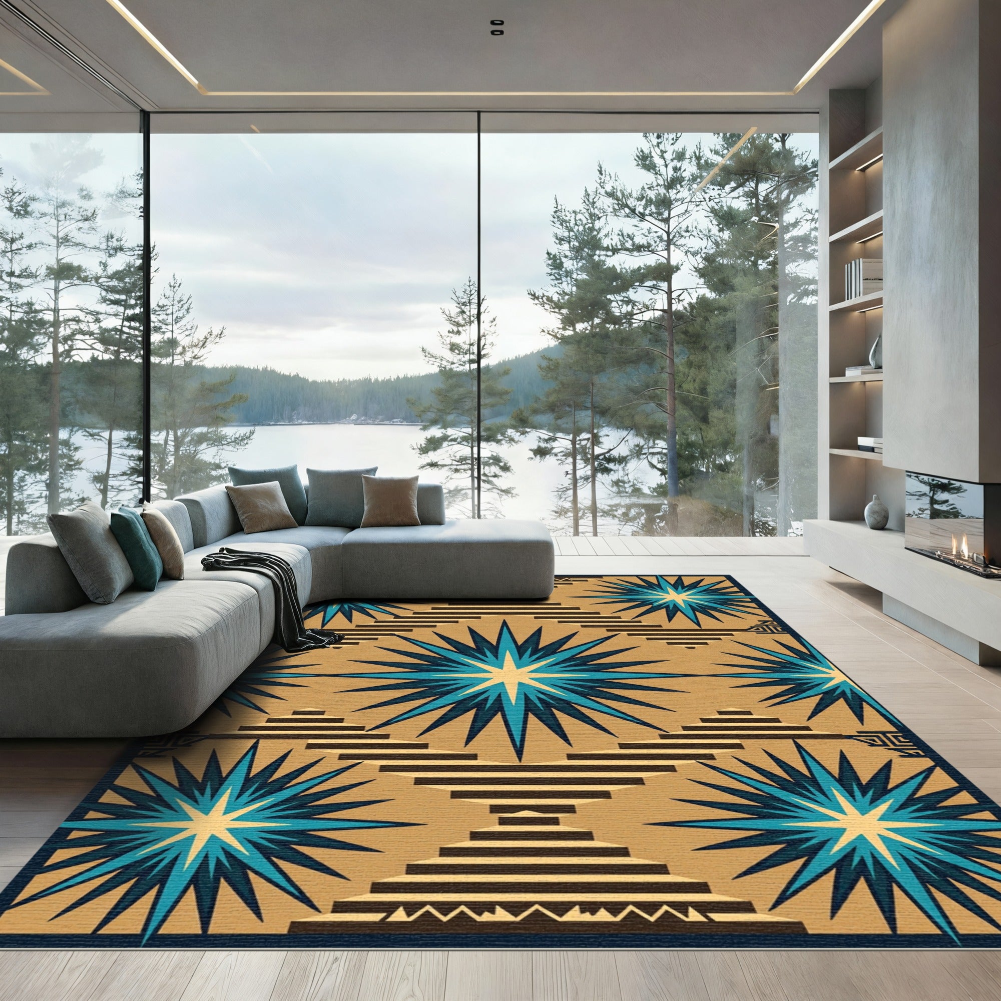 Bold Turquoise Starburst Terrace Pattern Rug