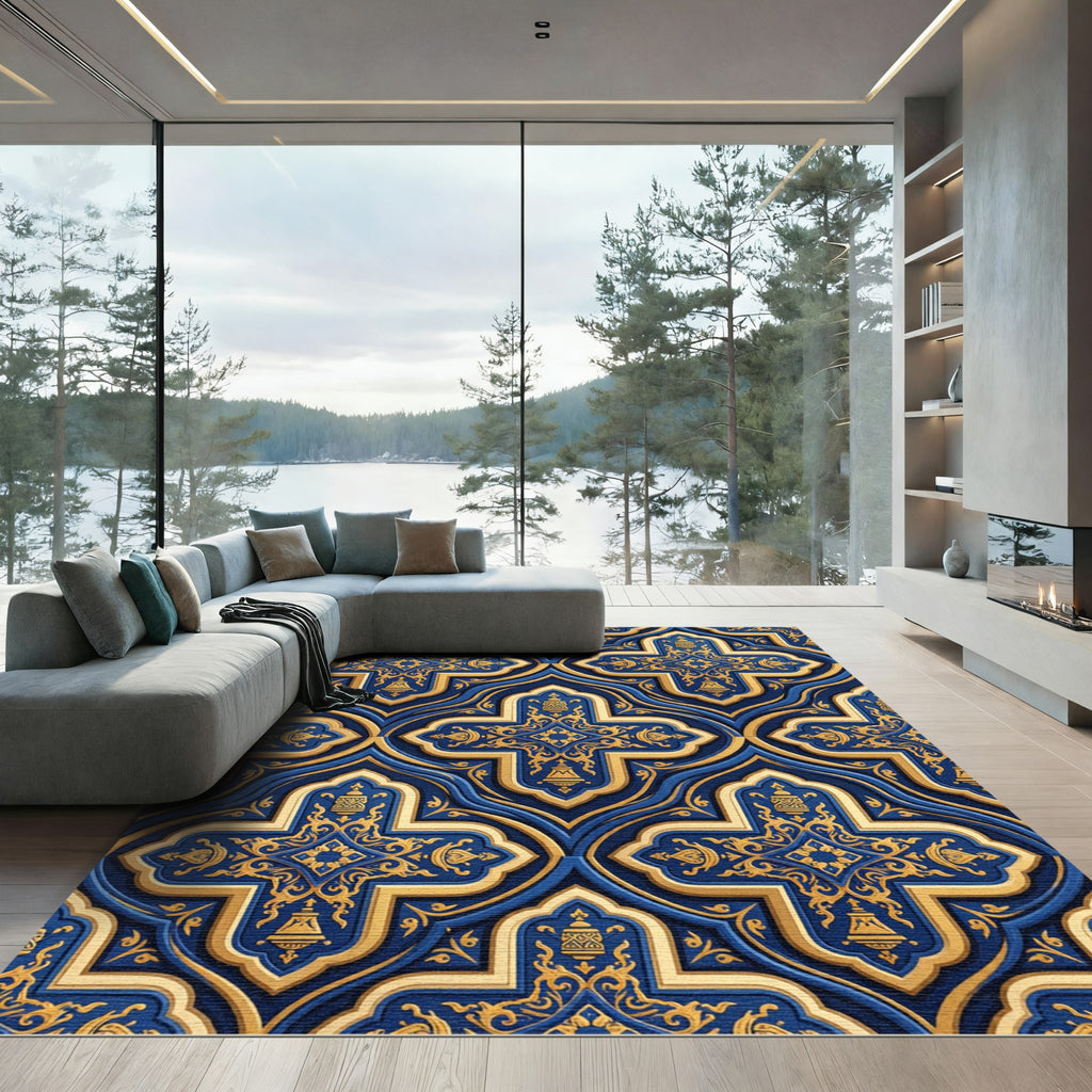 Golden Embellished Royal Blue Quatrefoil Rug