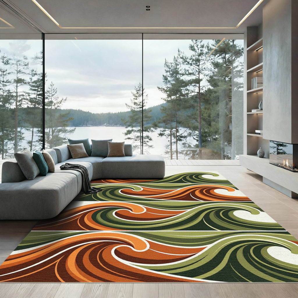 Earthy Swirling Amber and Sage Waves Rug