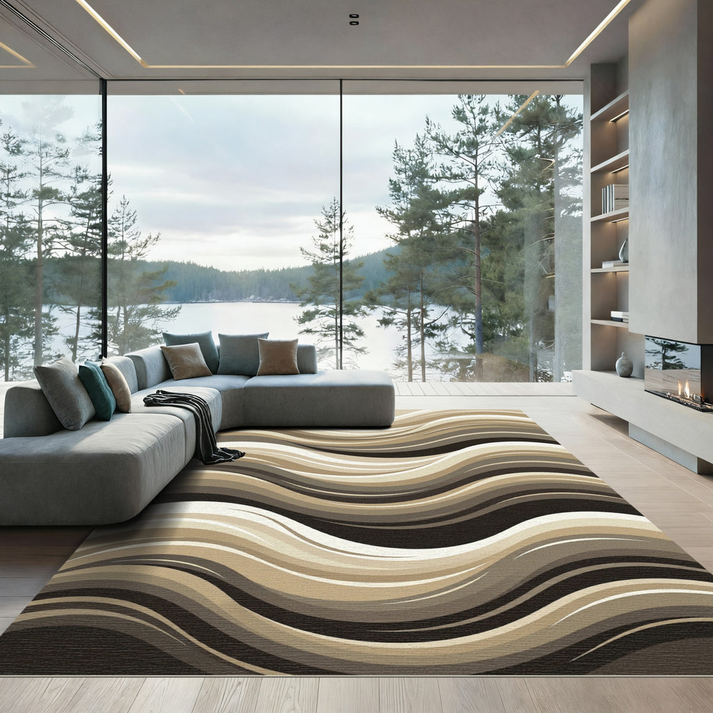 Modern Neutral Flowing Abstract Wave Rug