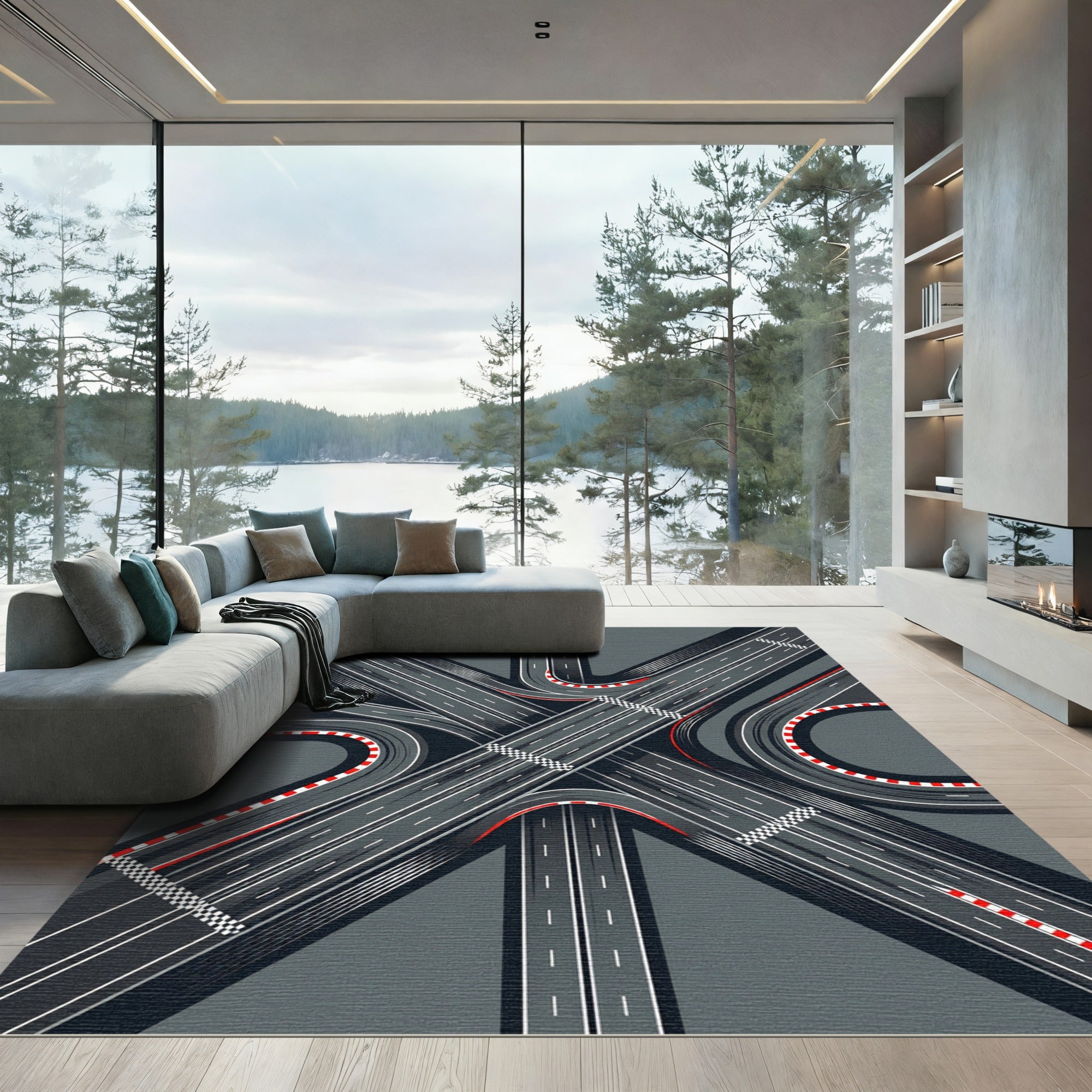Modern Gray Racetrack Abstract Intersection Rug