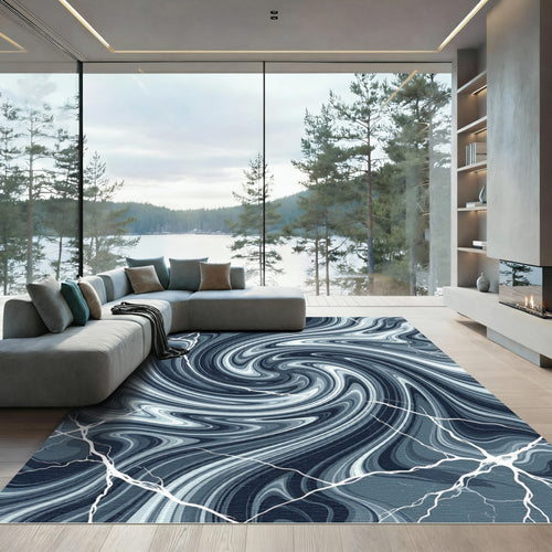 Abstract Navy Marble Swirl Vein Rug