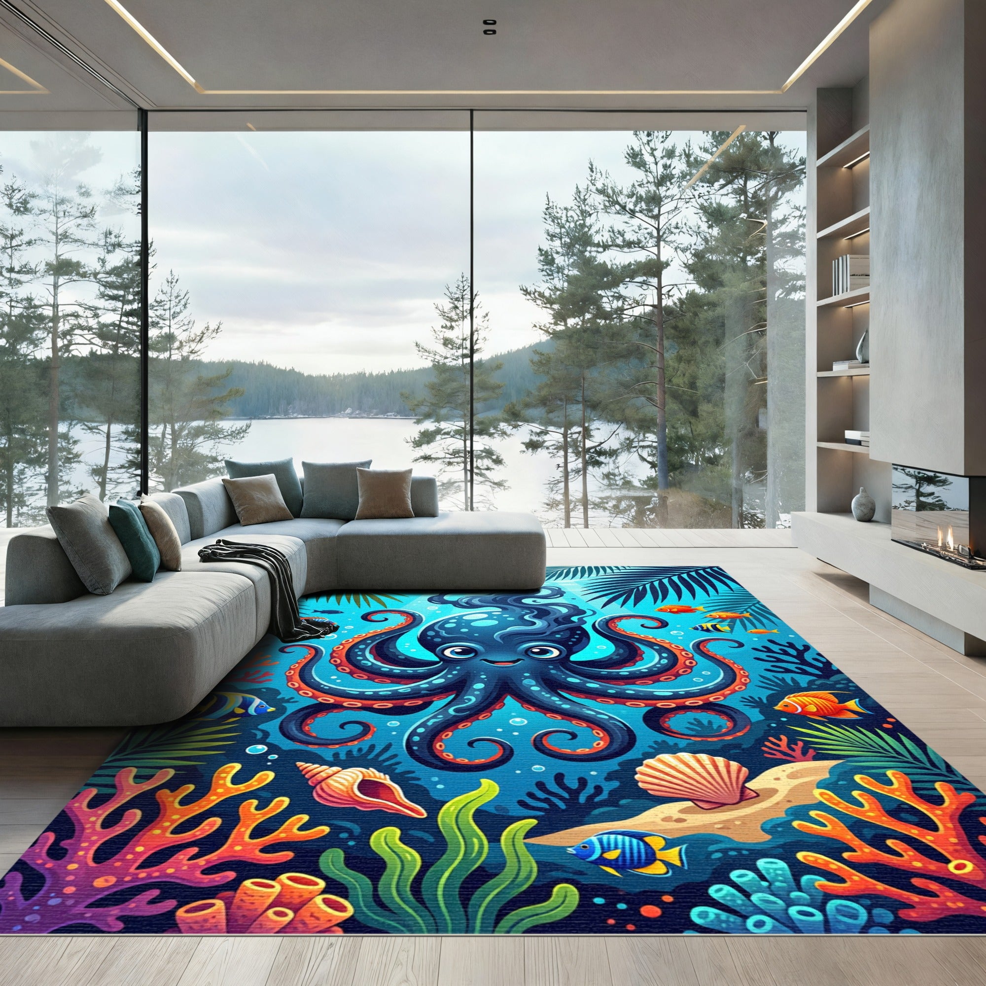 Vibrant Blue Octopus Underwater Coral Scene Rug