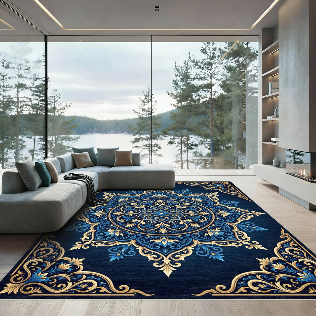 Ornate Blue Gold Mandala Intricate Art Rug