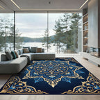Ornate Blue Gold Mandala Intricate Art Rug